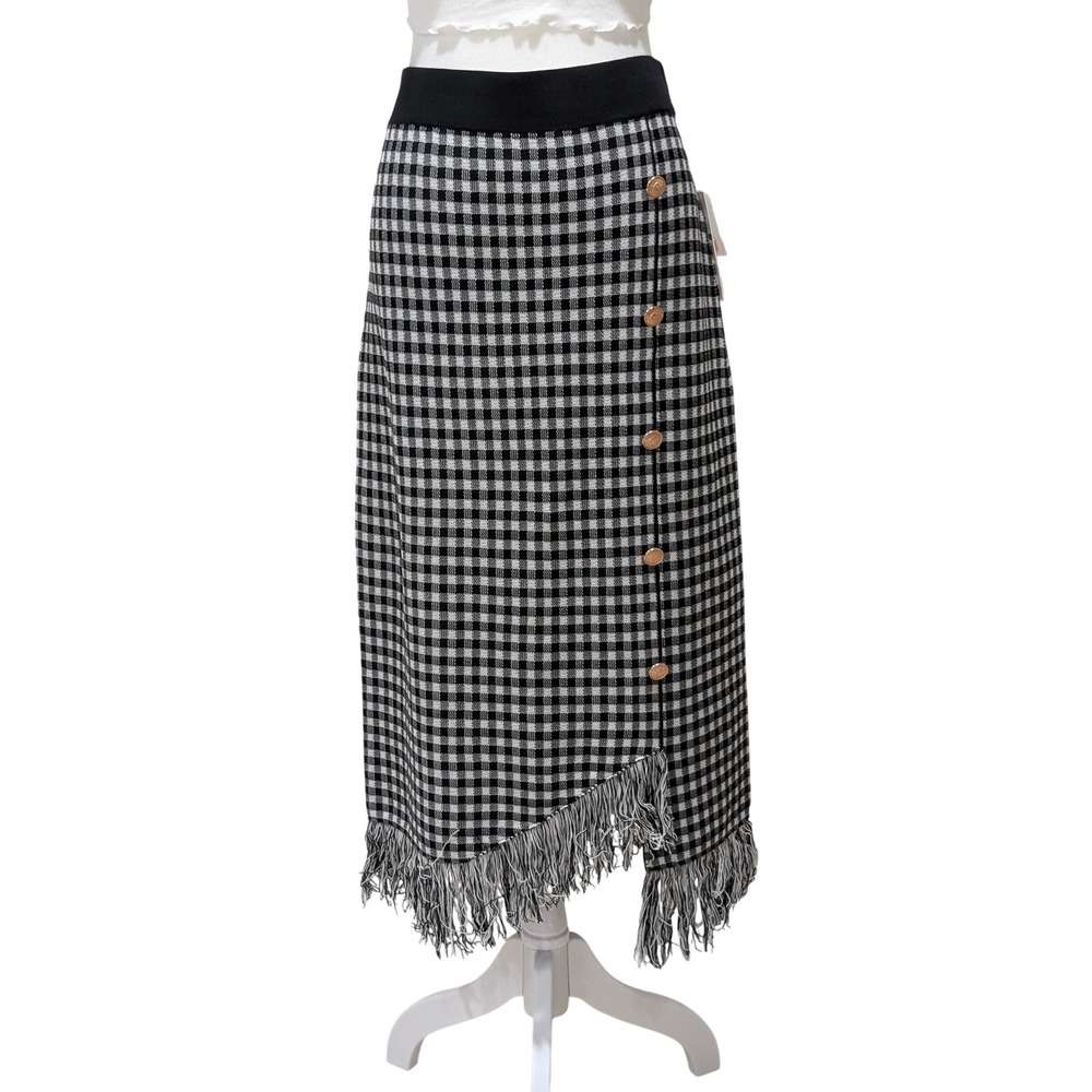 Nanette Lepore NWT Black White Gingham Asymetrical Fringe Hem Festival Skirt L
